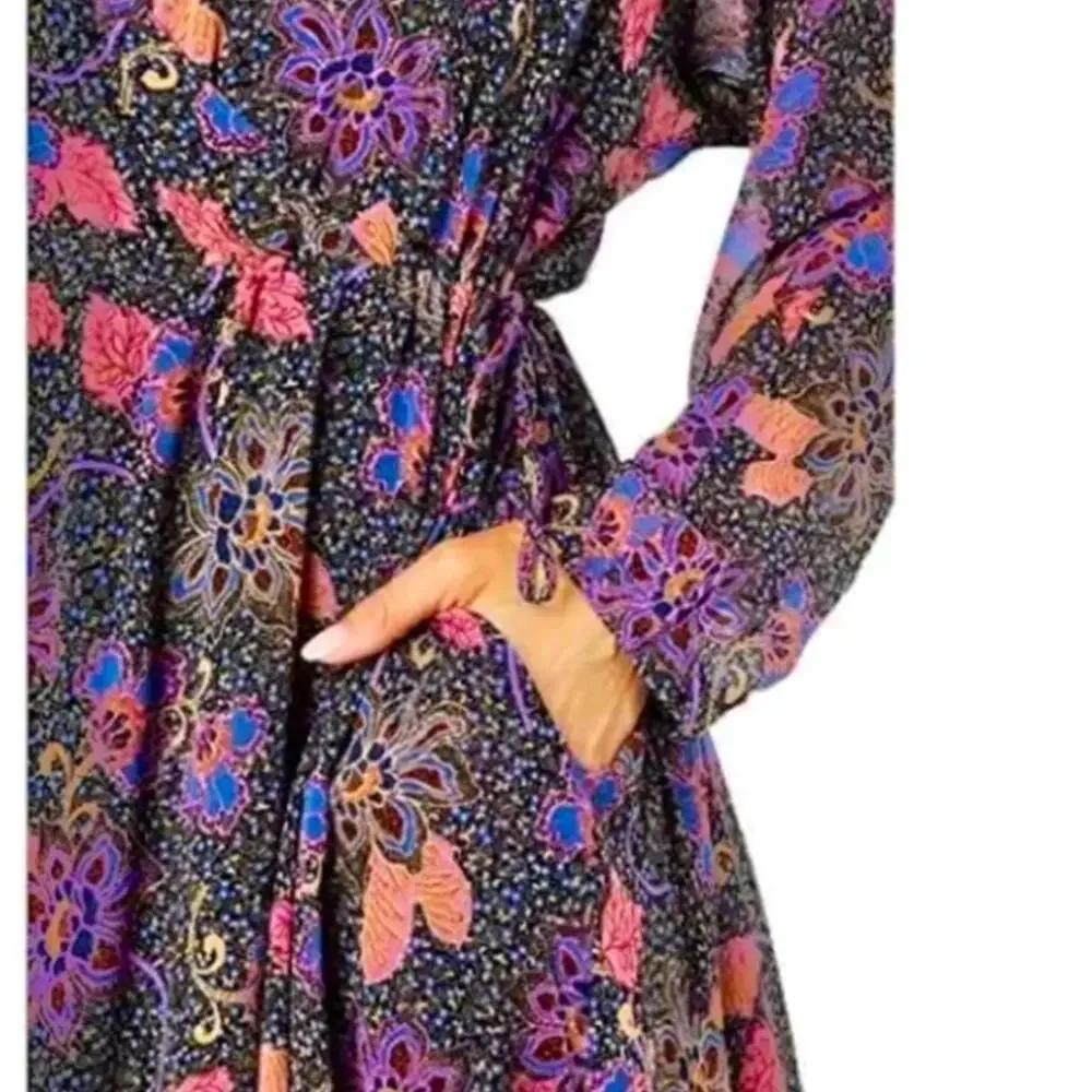 FREE PEOPLE TEEGAN MINI DRESS IN TWILIGHT COMBO  FAUX WRAP LONG SLEEVES BOHO-NEW